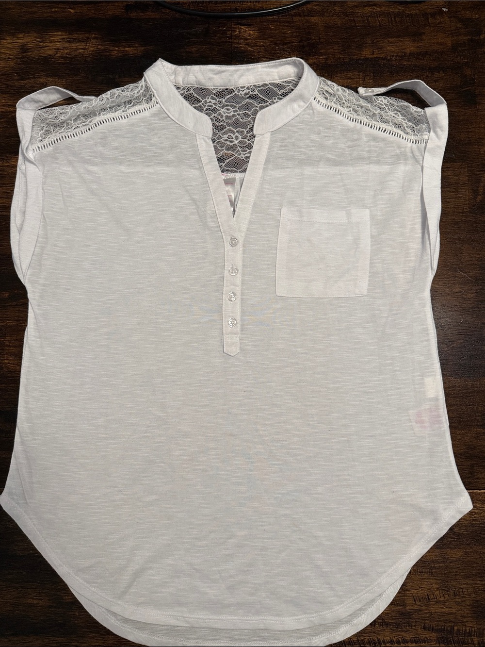 No Boundaries White Lace Yoke Henley Pocket Top